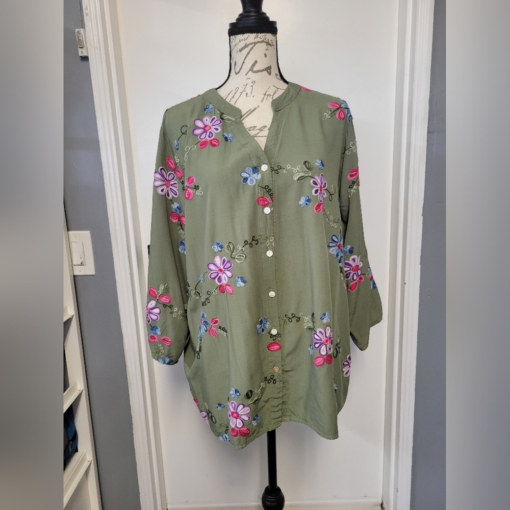 Anthropologie Kindred Boho Peasant Floral Heavily Embroidered Top Blouse 3X